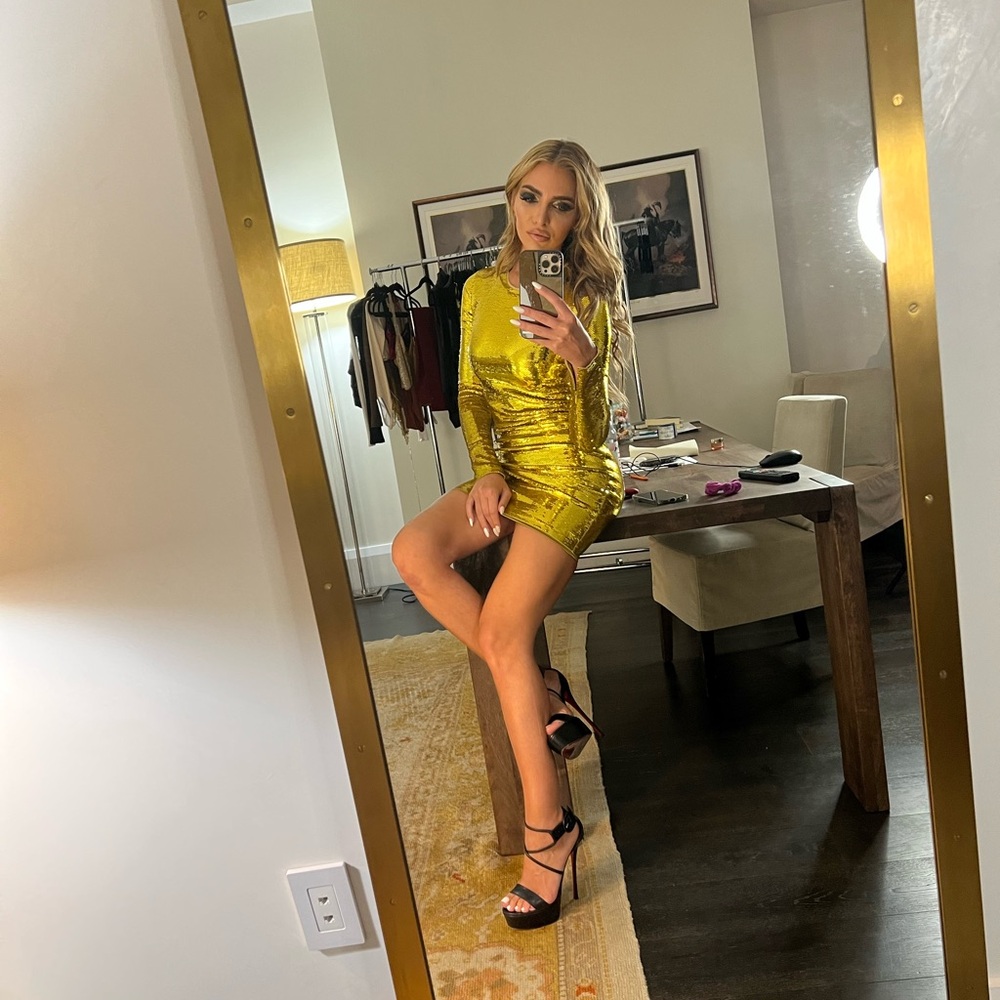 Tom Ford Gold Liquid Sequin Mini Dress Long Sleeve EU 36 NWT party birthday - Picture 2 of 15